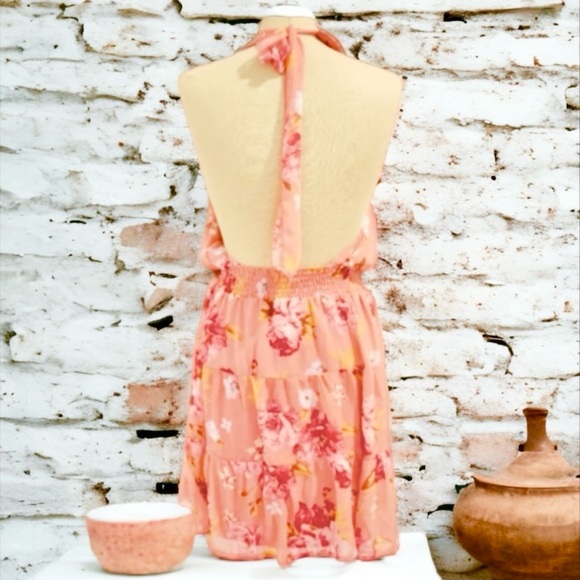 Emerald Sundae Junior's Coral Tied Smock Floral Halter Dress Orange Size X-Small - Picture 6 of 12